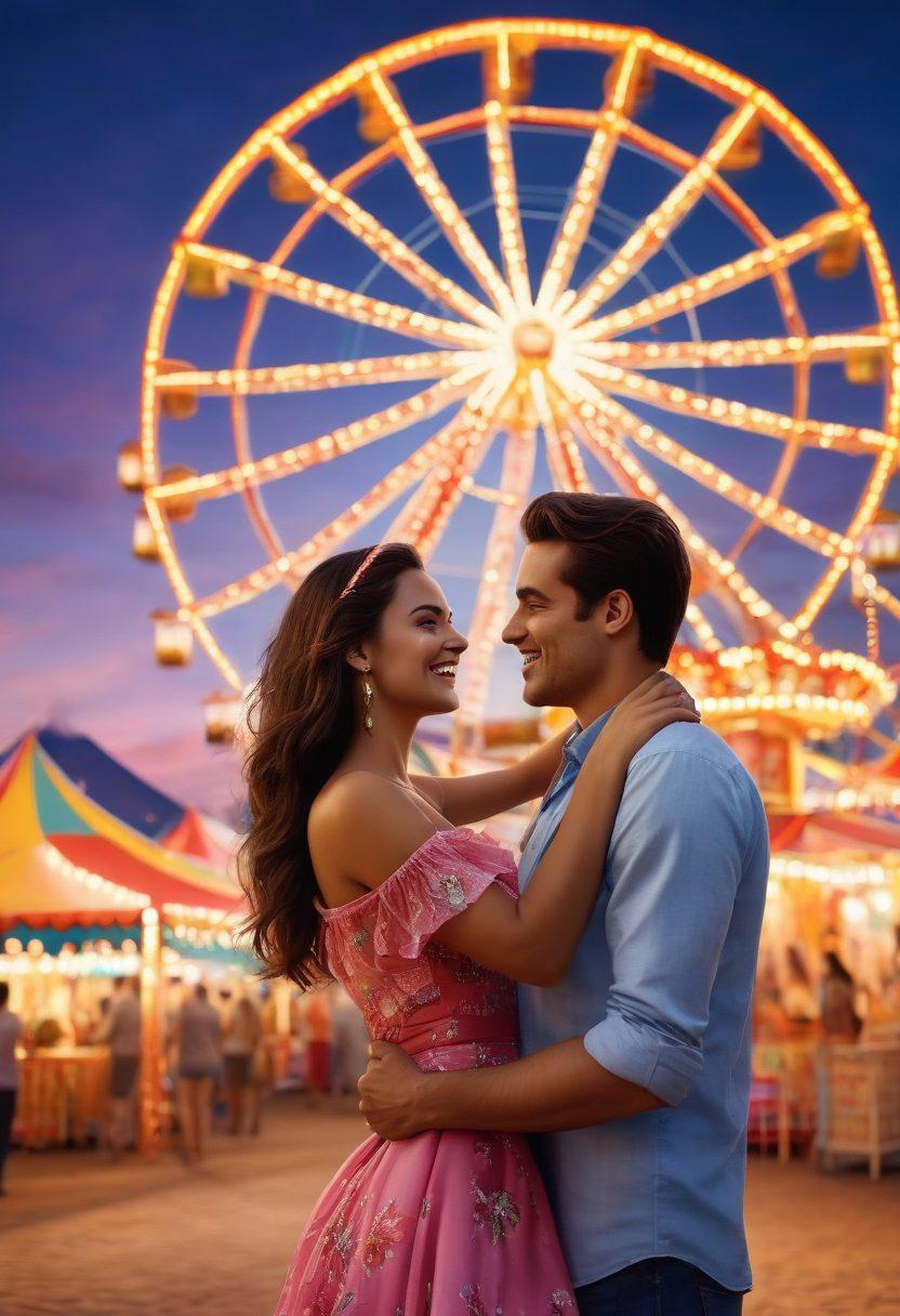 A vibrant carnival scene at dusk, featuring couples sharing intimate, tender moments amidst colorful tents and rides. Glittering lights reflect on joyous faces, capturing the essence of love and fun in the air. Include elements like a Ferris wheel and cheerful entertainers blending romance and gaiety, creating an enchanting atmosphere. bright colors, magical realism, 3D.