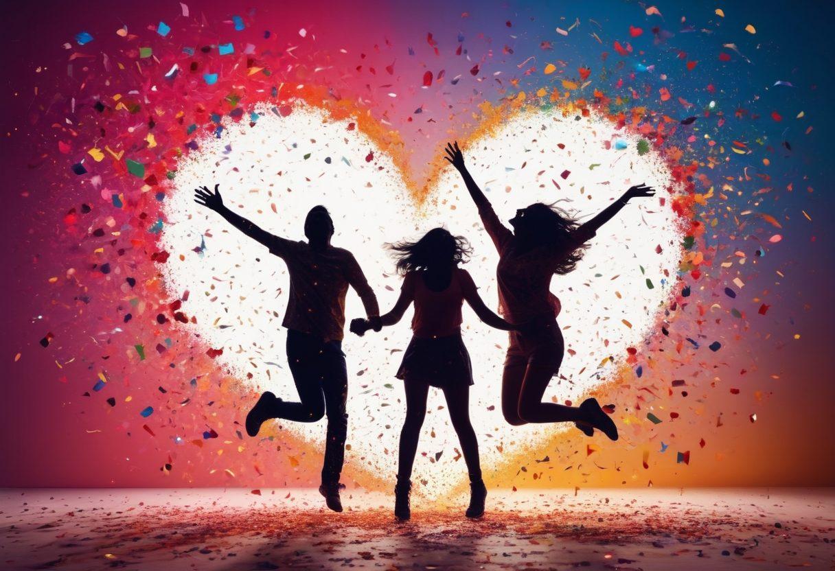 A vibrant and colorful abstract representation of joy and pleasure, featuring silhouettes of joyful adults in dynamic poses. Surround them with swirling patterns and bright splashes of confetti, symbolizing ecstasy. Incorporate elements like hearts and stars to enhance the feeling of happiness. The background should be a soft gradient of warm colors to evoke a sense of comfort and excitement. cinematic style. vivid colors. dynamic composition.